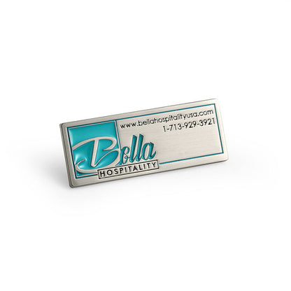 Custom Aluminum Name Tags featuring corporate logo for employee identification